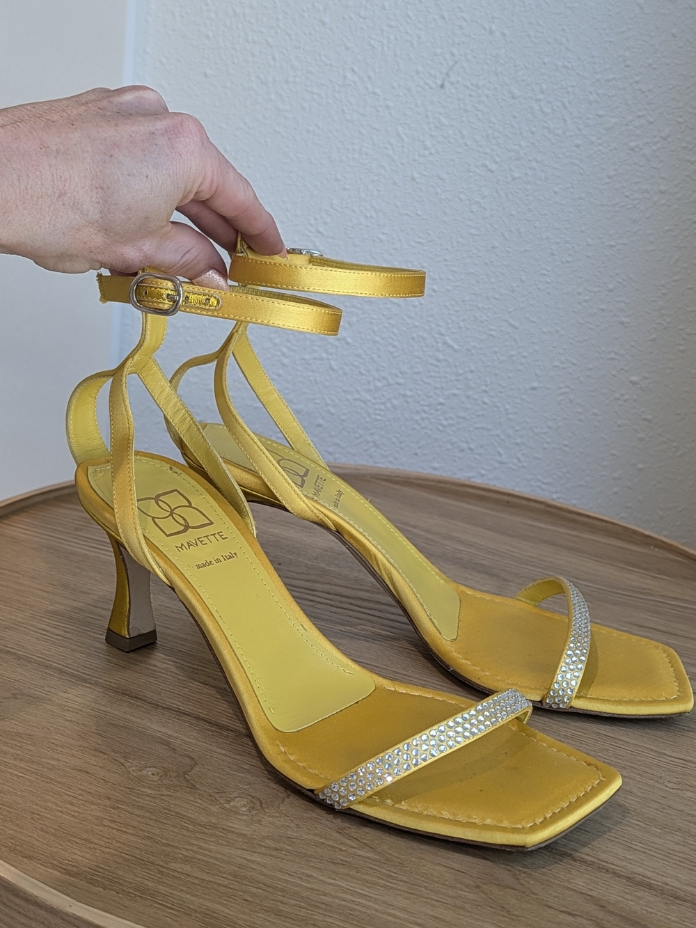 Mavette Italian Golden Yellow Satin Ankle-Strap Heels with Crystal Toe Band
